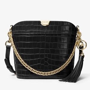 NWT Michael Kors Bea Medium Black Crocodile-Embossed Leather Bucket Shoulder Bag